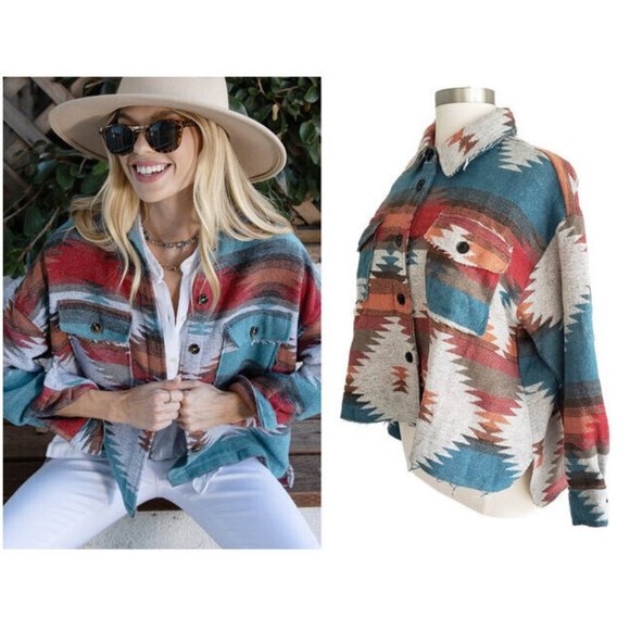 Boho Aztec Tribal Yellowstone Distressed Flannel Shirt Jacket Shacket - Picture 7 of 7